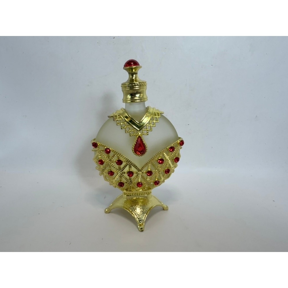 Vintage Style Gold Filigree Perfume Bottle Frosted Glass Red Rhinestones 5.25" - Picture 3 of 5